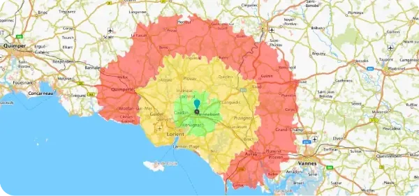 Carte des zones de déplacement autour de Hennebont : 0-10 km en vert, 10-25 km en jaune, 25-40 km en rouge